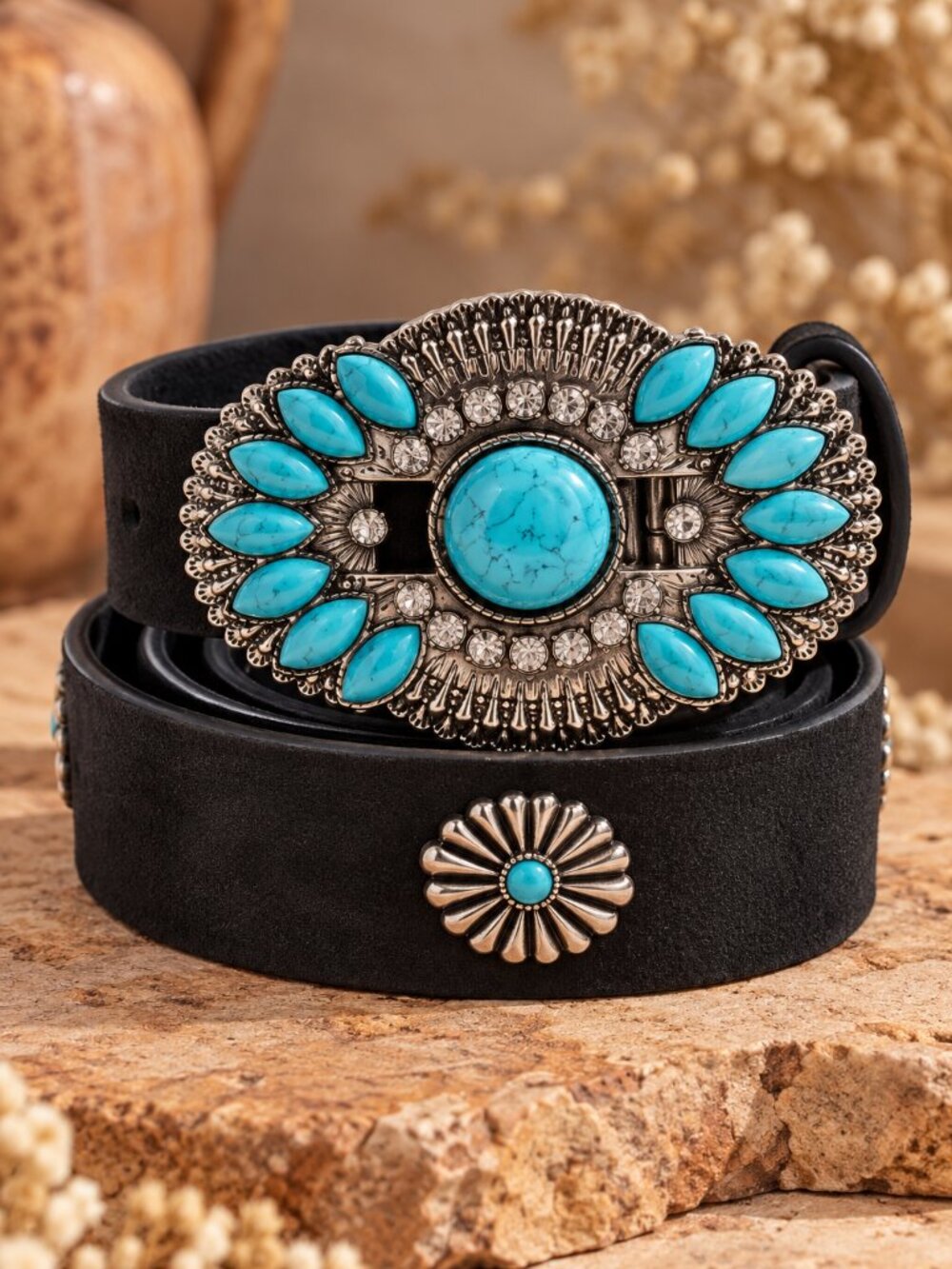 NWT Rhinestone Floral Turquoise Silver Concho Western Belt – Black - Picture 2 of 2